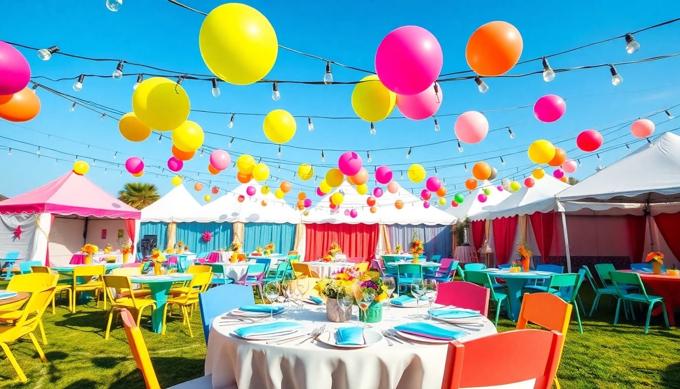 Party Rentals featured in a vibrant outdoor setup showcasing festive tables and decorations.
