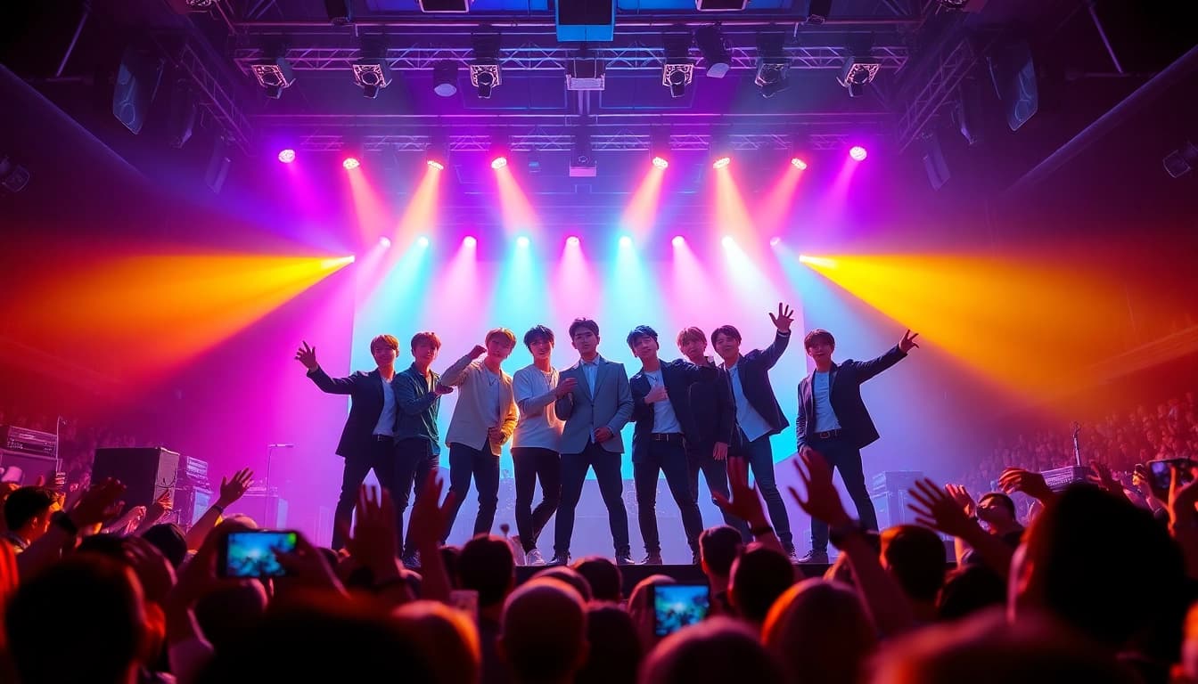 BTS members performing energetically on stage, showcasing their signature styles.