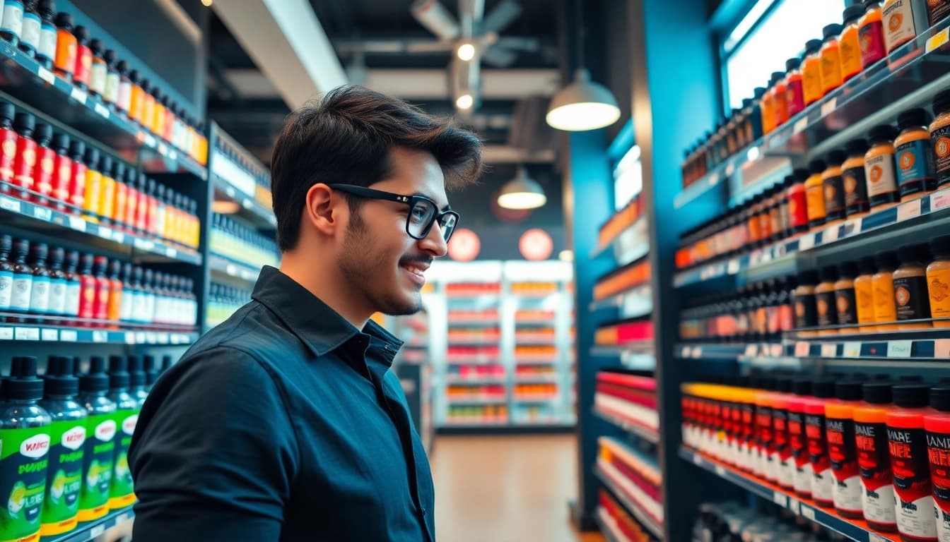 Discover the variety at Vape Juice Depot showcasing colorful vape juices in a modern shop.
