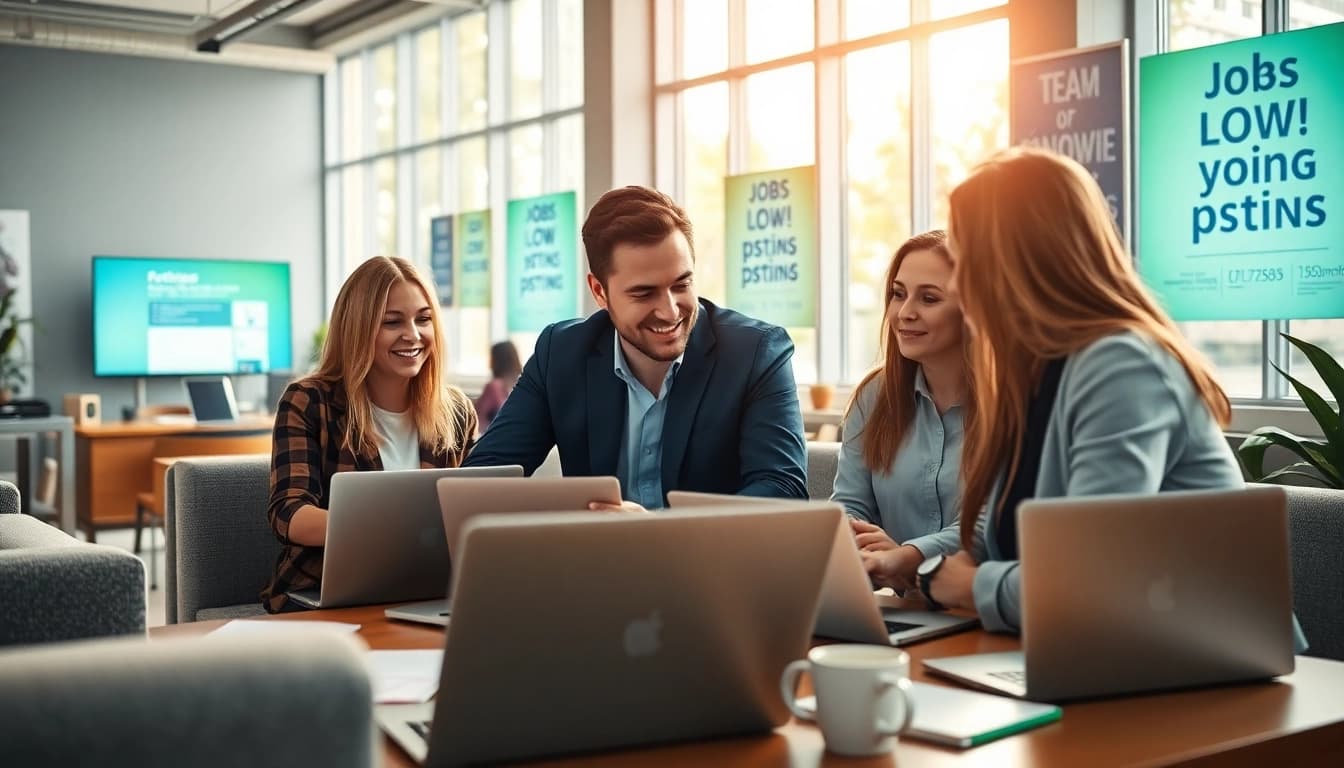 Efficient teamwork displayed through a free job post strategy in a bright office setting.