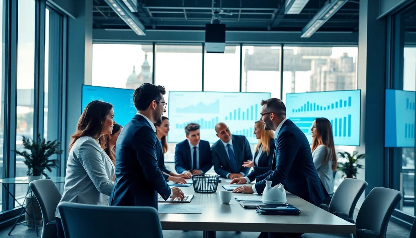 Visual representation of business growth insights with professionals collaborating in an office.