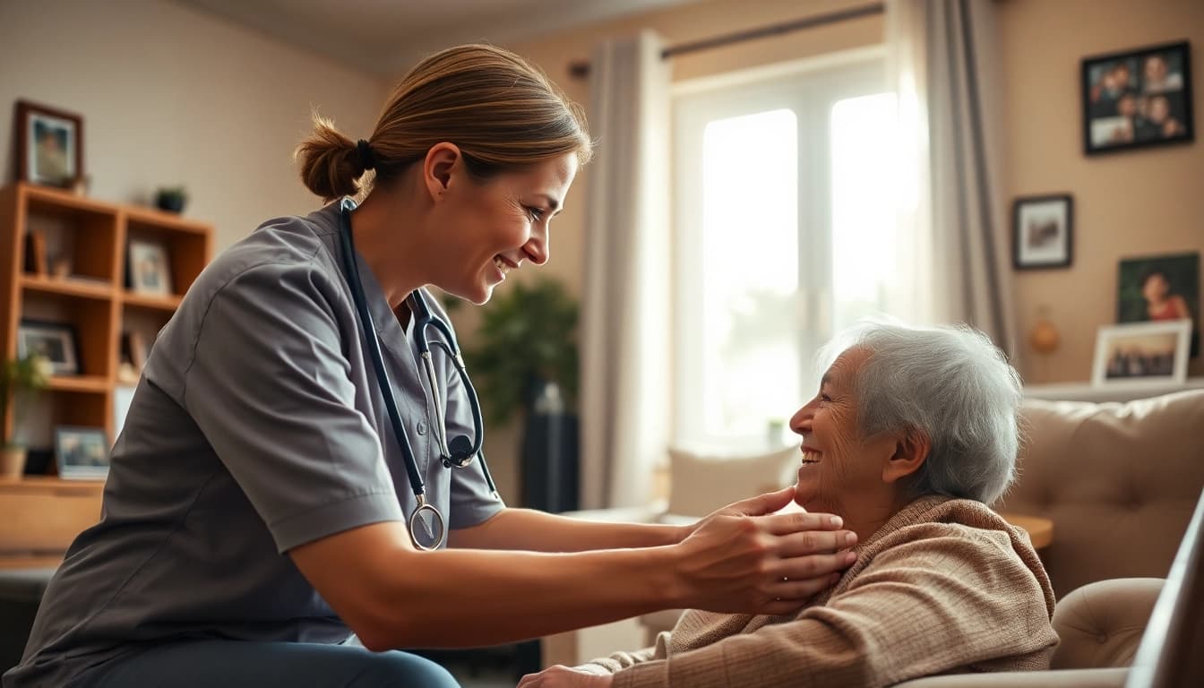 Caregiver providing in home care austin tx to an elderly individual in a welcoming setting.