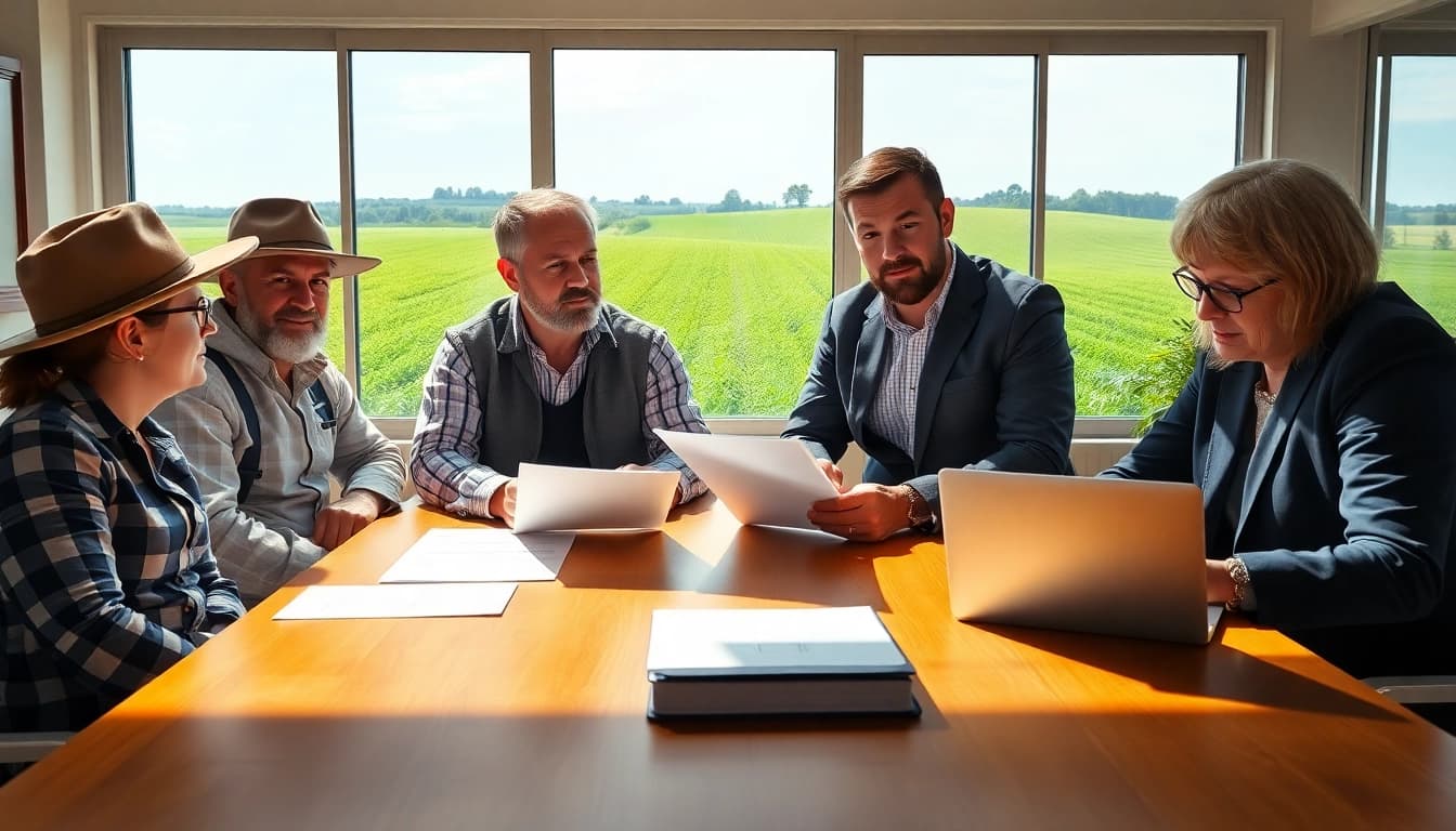 Discussing agriculture law strategies in a professional farming setting with legal documents.