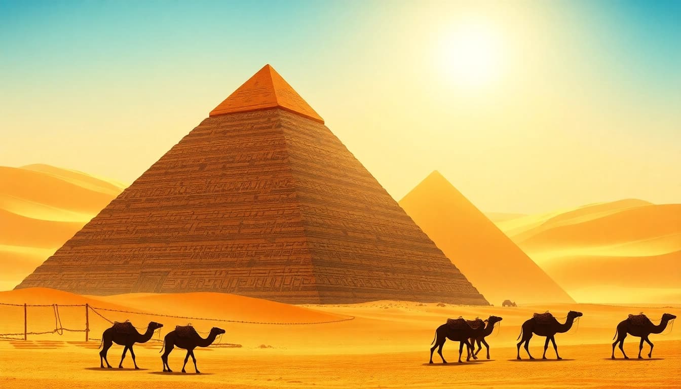 View of the piraminds surrounded by the vast desert landscape, with camels passing by.