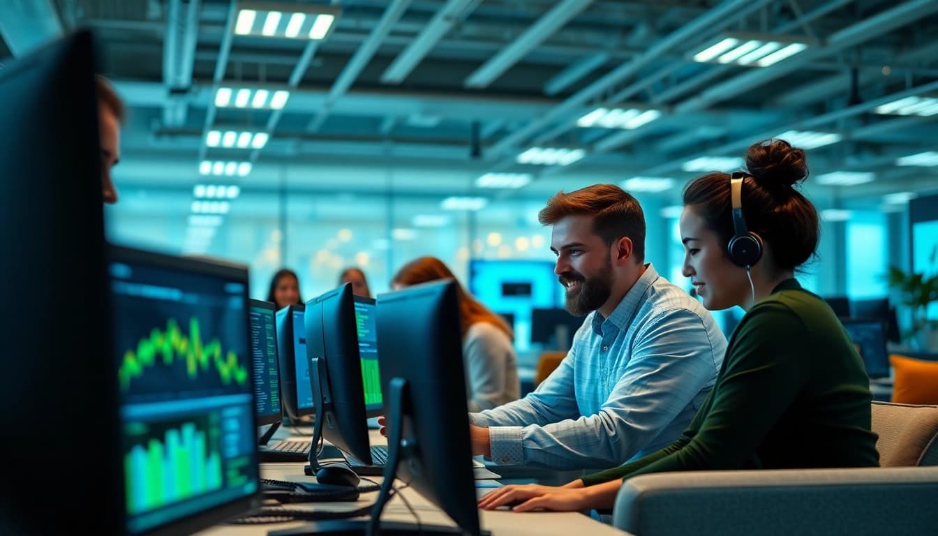 Software quality assurance team at https://xqa.ca collaborating in a vibrant office environment.