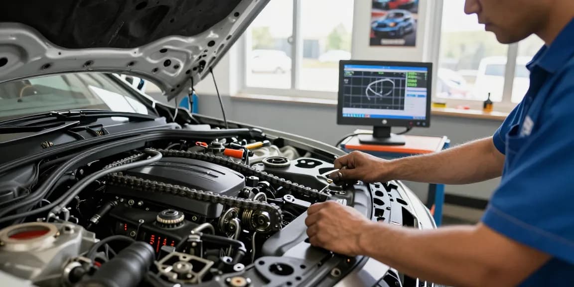 Professionelles Wechseln der BMW Steuerkette in einer gut ausgestatteten Werkstatt.