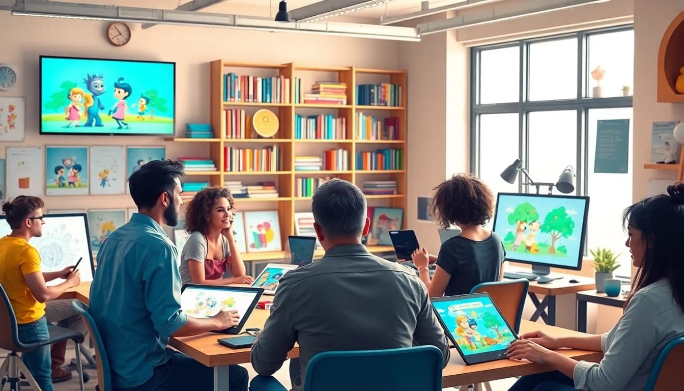 Animationsstudio team collaborate creatively on animation projects in a vibrant workspace.