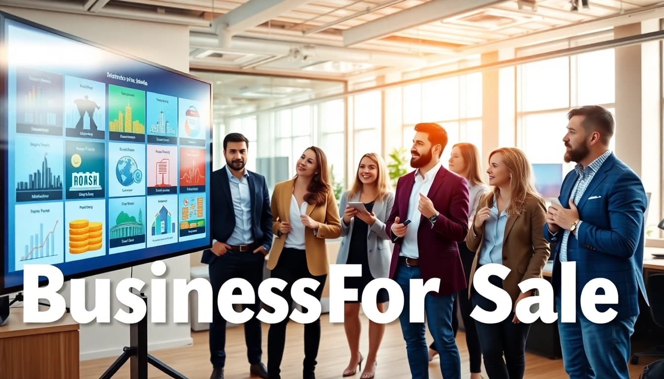 Showcase of biz for sale with diverse entrepreneurs discussing opportunities in a modern office.