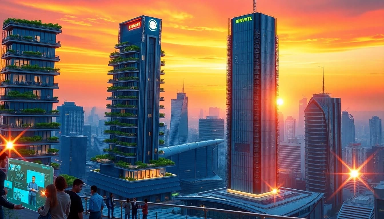 Visualize the innovative future at https://www.trilgameshproject.com with a bustling cityscape and vibrant sunset.