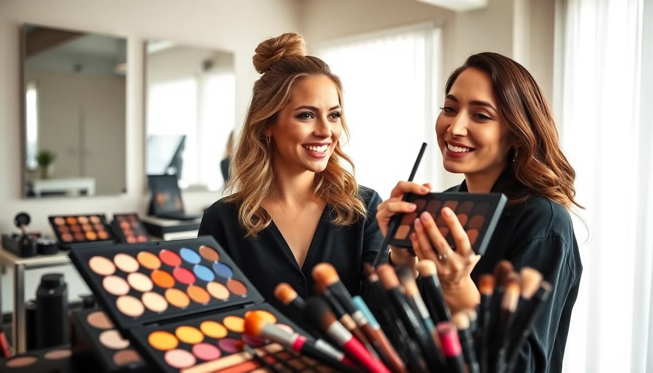 Engaged makeup artist teaches vibrant makeup courses in a bright studio setting.