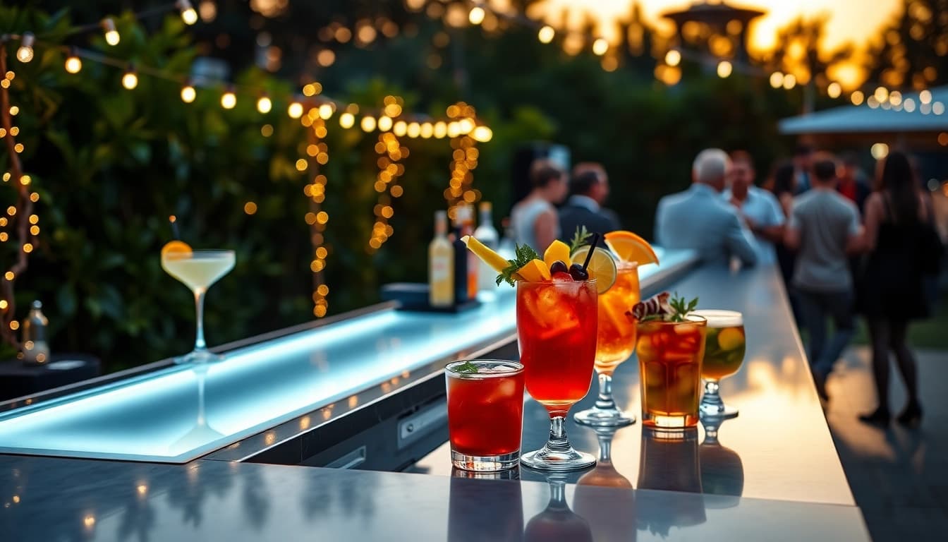 Provide a mobile bar service with vibrant cocktails at an outdoor event.
