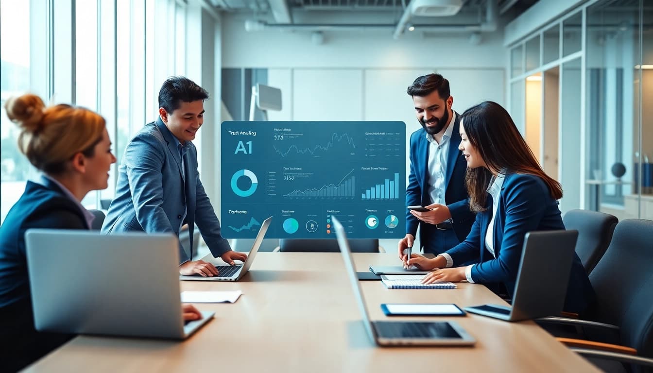 Employees collaborating with their enterprise ai assistant in a modern office environment.