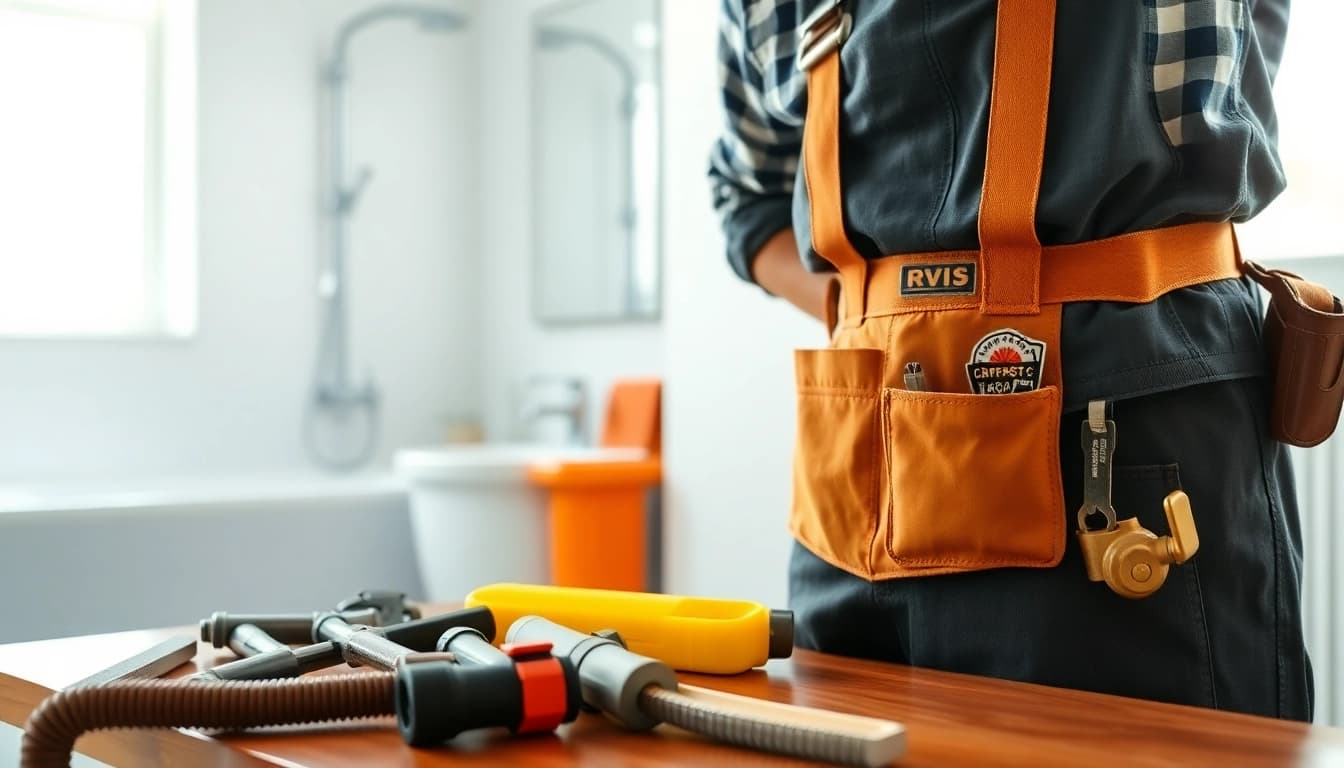 A skilled plumber near me expertly working on plumbing tasks in a bright bathroom setting.