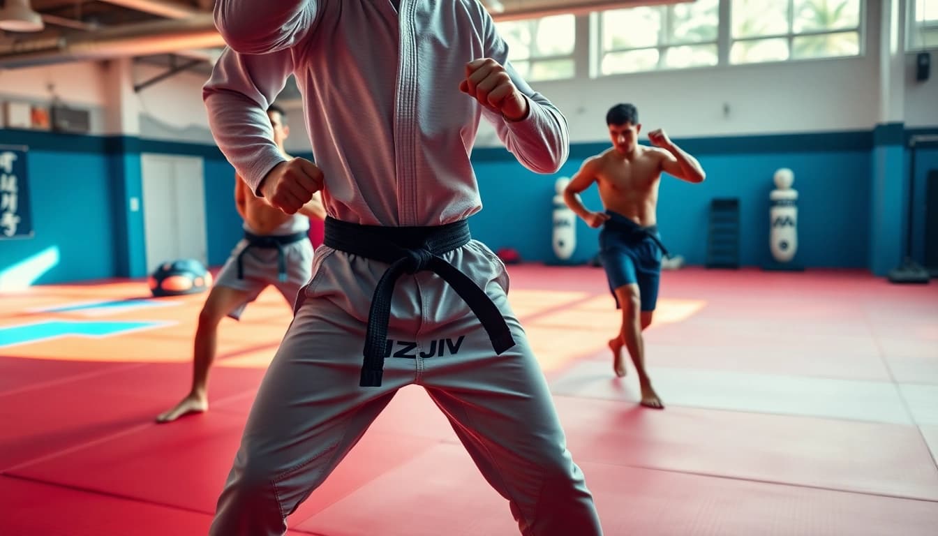Martial artist in BJJ shorts demonstrating techniques in a dynamic urban dojo.