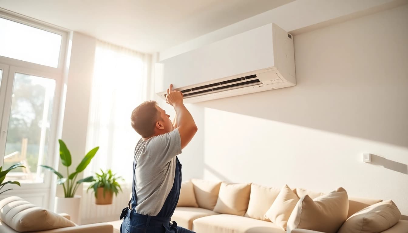Technician installing a mini split ac in a modern living room, ensuring optimal air flow.