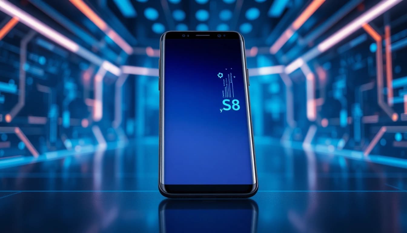 The Samsung S8 smartphone displayed prominently with a sleek design and futuristic digital elements.