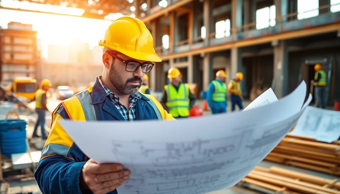 New York City General Contractor reviewing blueprints at a bustling construction site.