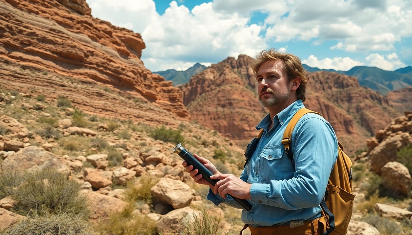 Geology expert analyzing rock layers in a stunning mountainous setting.