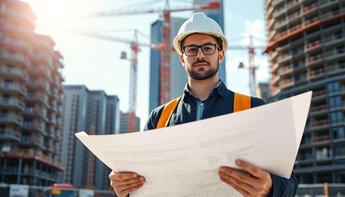 New York Construction Manager overseeing a busy construction site with architectural blueprint in hand.