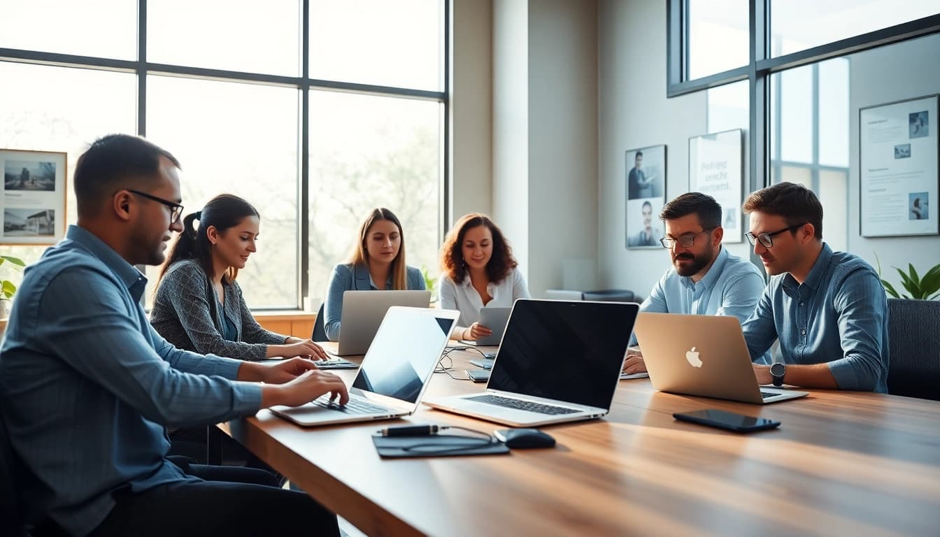 Team collaborating using enterprise search tools in a bright, modern workspace.