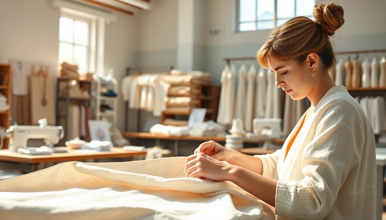 Linen clothing manufacturer showcasing artisans crafting linen garments in a sunlit workshop.