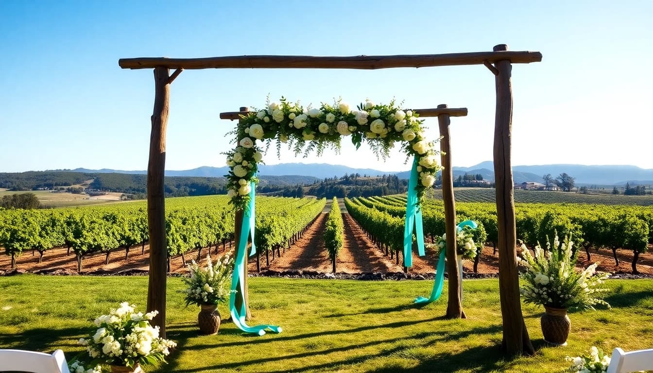 Beautiful outdoor wedding venues northern California with rustic altar surrounded by vineyards.