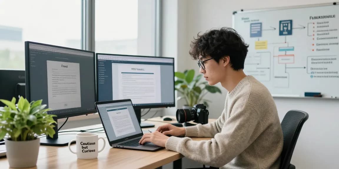 Detect PDF fraud in a modern tech workspace with an analyst reviewing documents and software tools for verification.