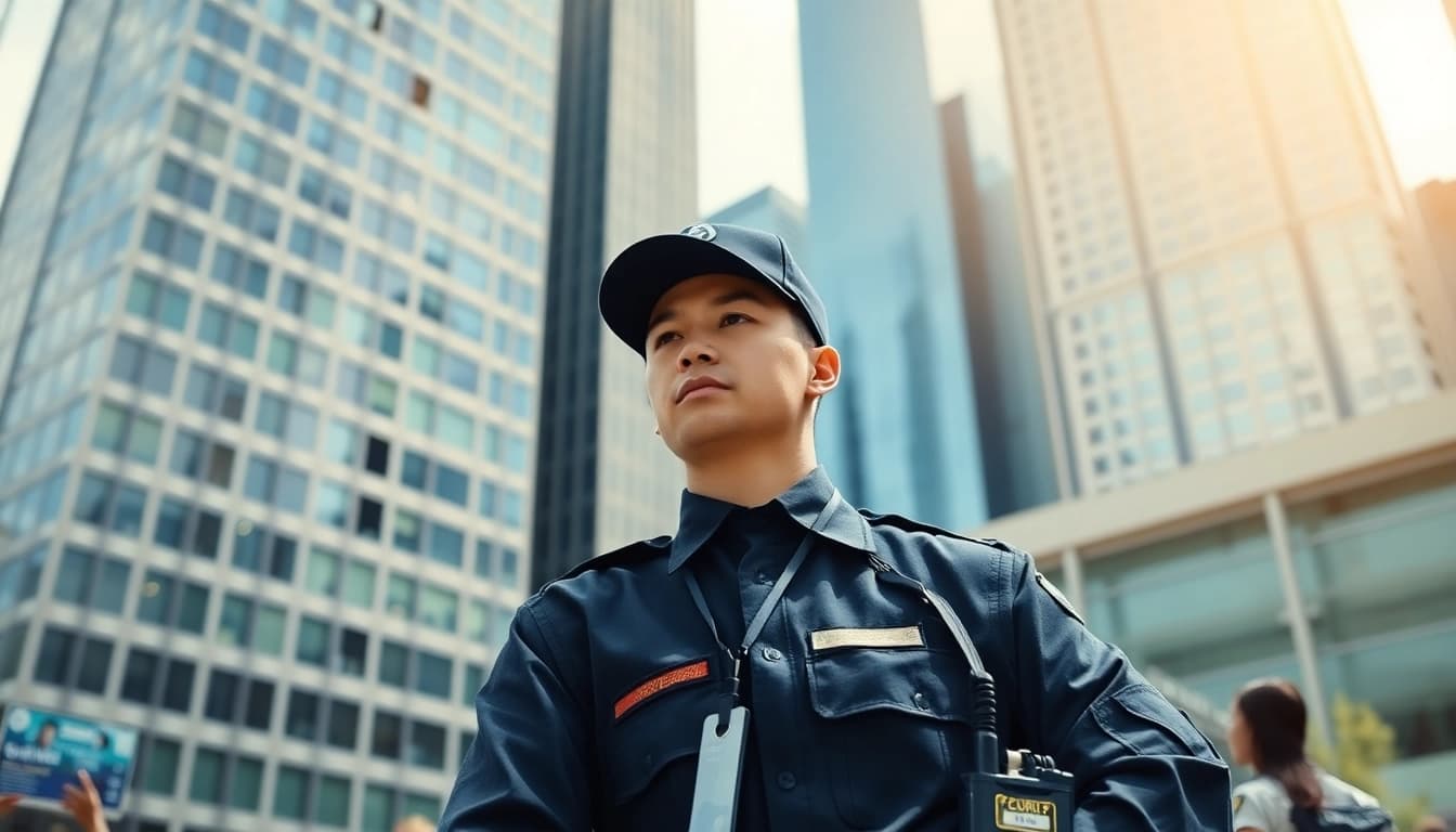 Security Company personnel monitoring a cityscape, emphasizing vigilance and safety.