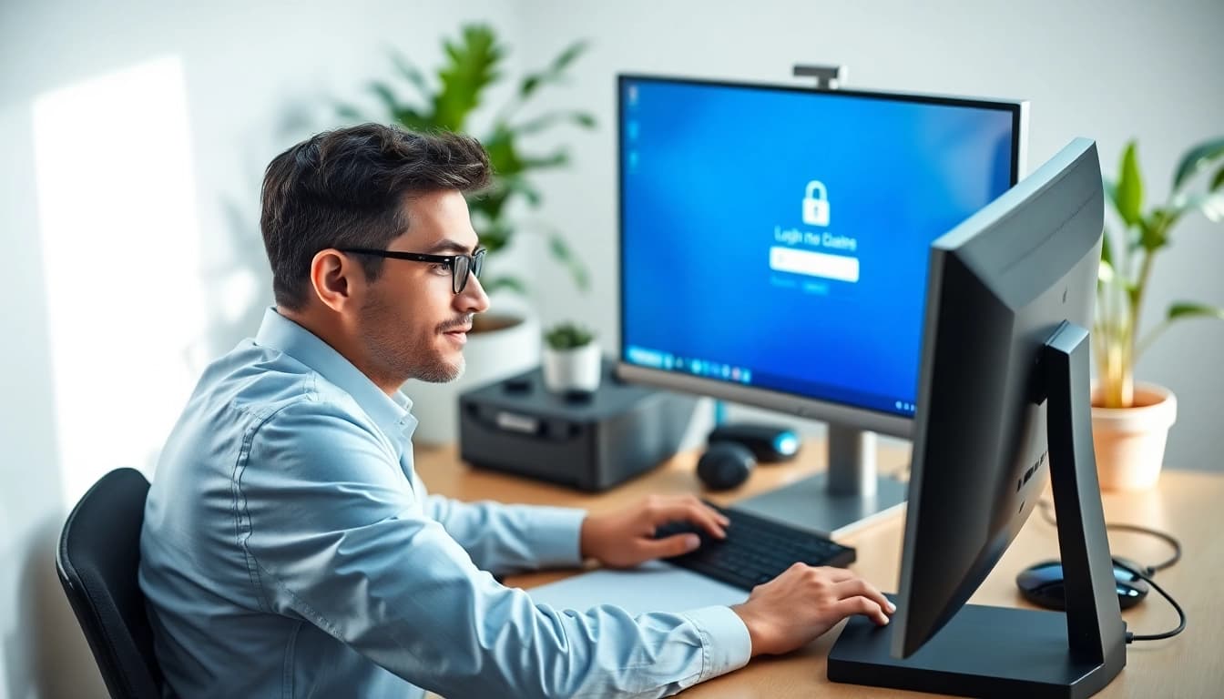 Melakukan suletoto login di komputer dengan suasana profesional dan modern.