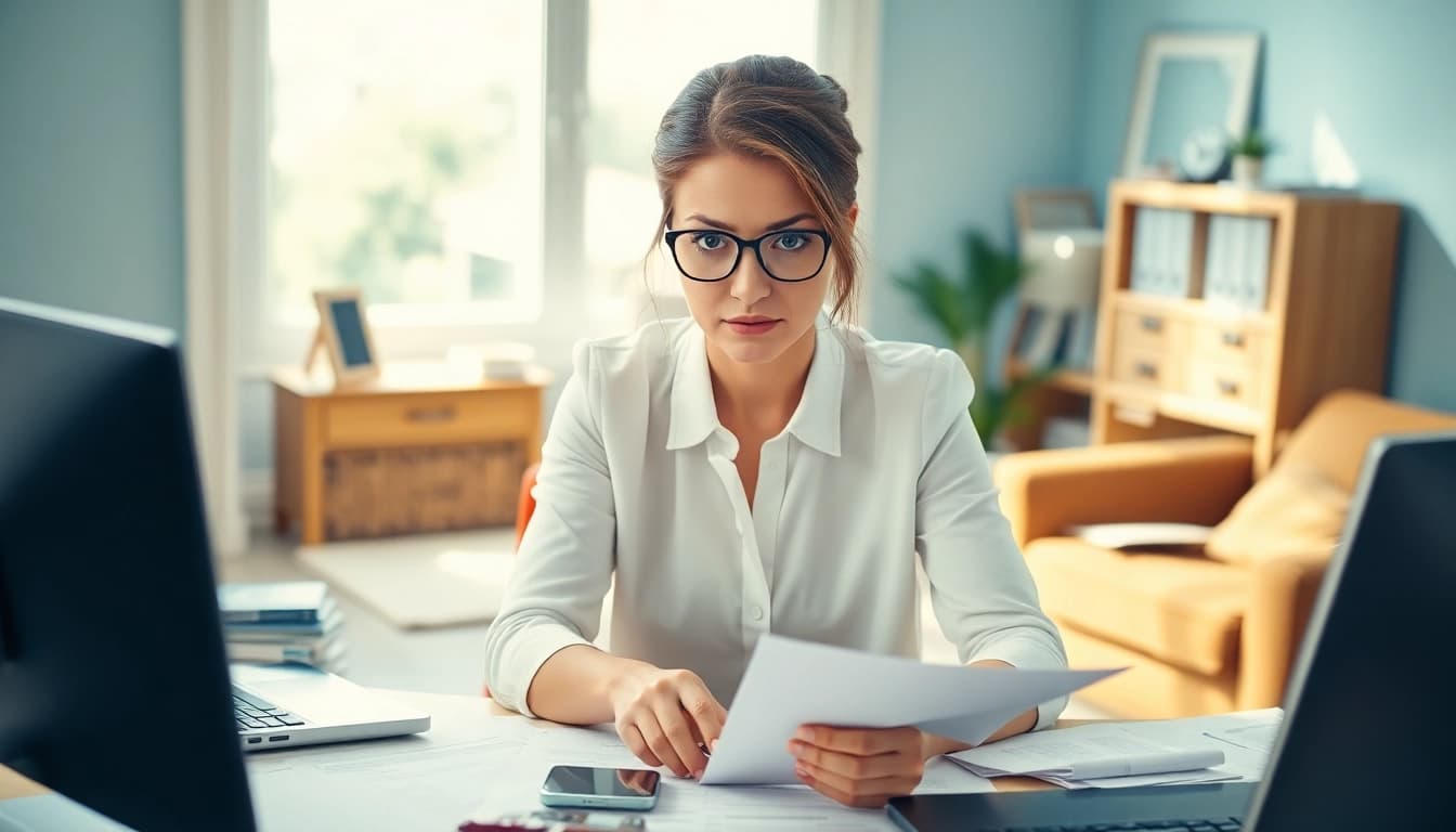 Conveying brain fog, a woman reflects at her desk in a bright, serene environment.