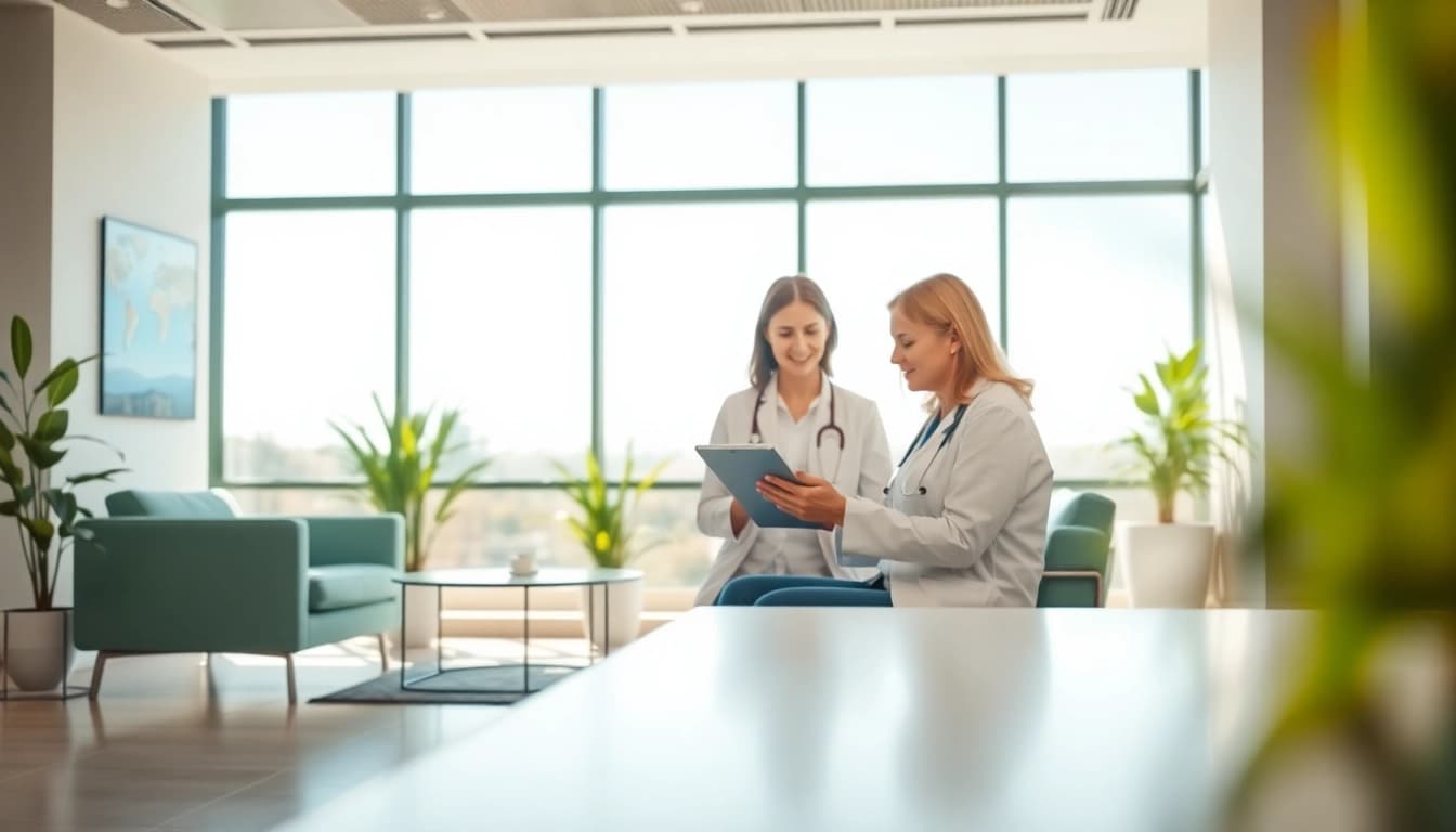 Explore trevia.com with healthcare professionals in a modern consultation space.