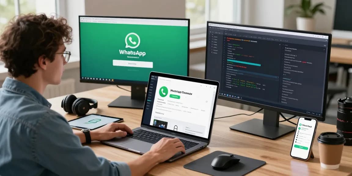 WhatsApp下載 app development workspace featuring a developer coding on multiple screens with a modern setup.