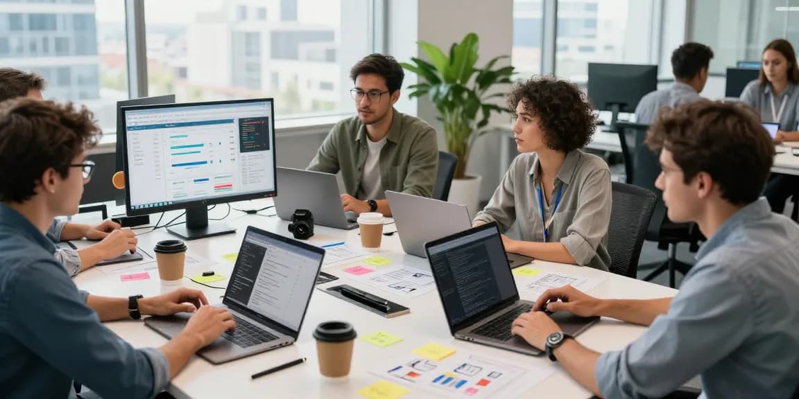 Developers collaborating on scenadomen.pl project in a modern office environment.