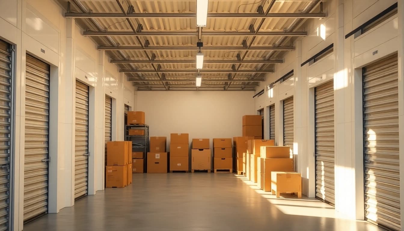 Organized self storage units showcasing various packed items in a well-lit warehouse.