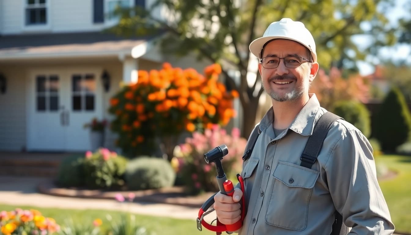 Engaging seasonal pest treatment check by a professional technician in a beautiful garden.