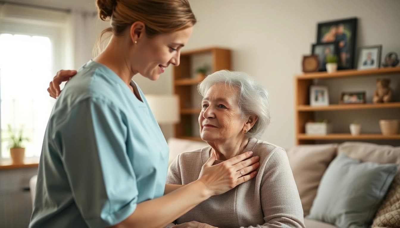 Providing in home respite care, a caregiver assists an elderly woman in a cozy living room.
