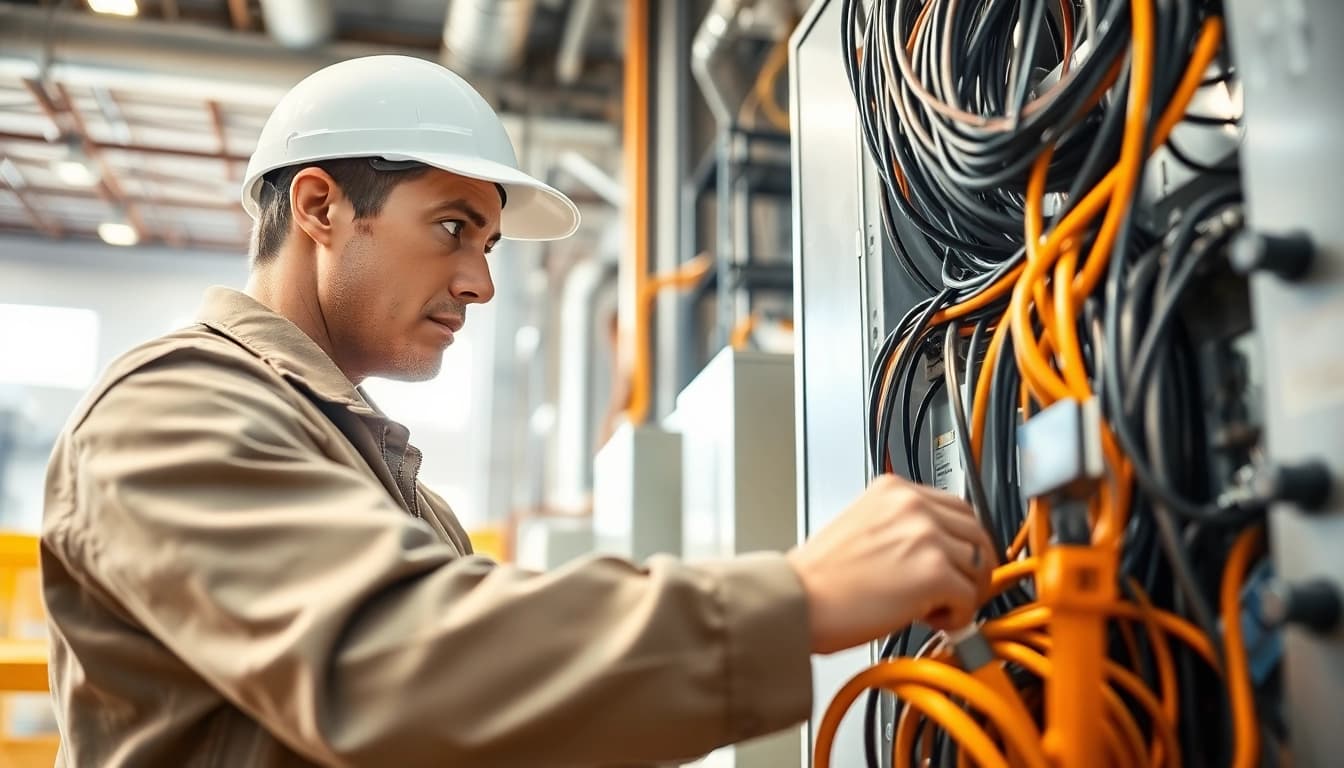 Performing electrical service maintenance in a commercial setting, showcasing a skilled electrician at work.