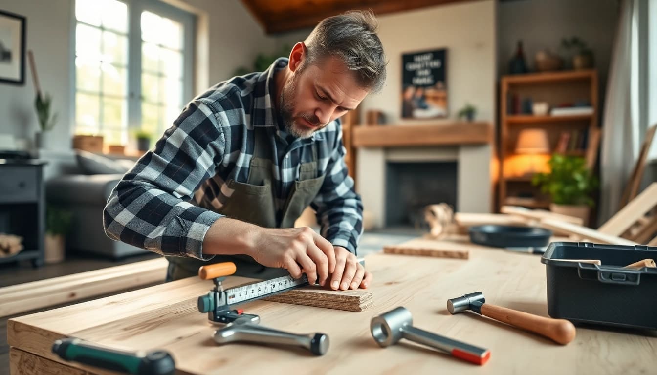 Artisan qualifié près de chez vous mesurant du bois pour un projet de rénovation