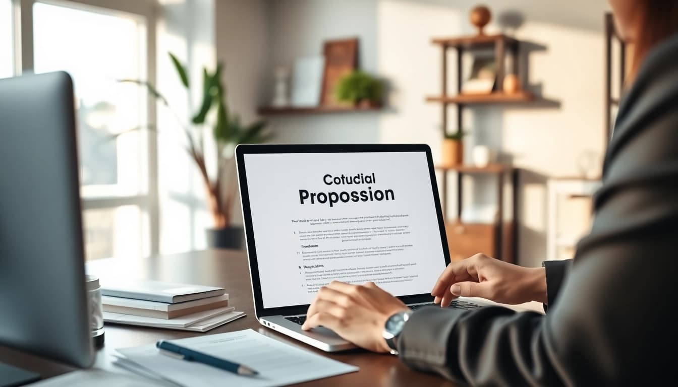 Creating a customized proposal writing document on a professional office desk.