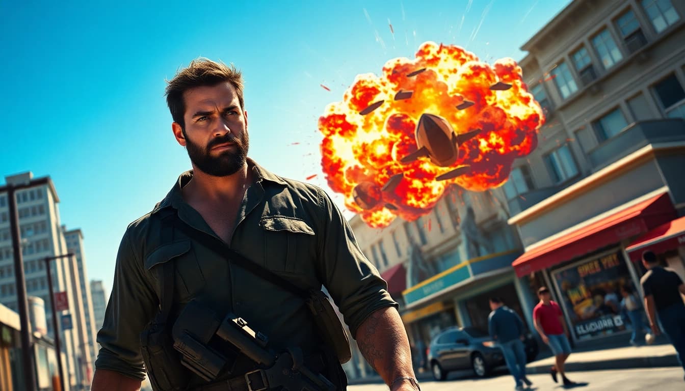 Bayside Boom action scene showcasing a hero facing an explosive threat in a vibrant coastal city.