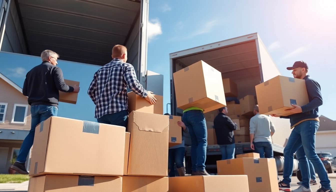 Engaged long distance movers Calgary packing a truck with professionalism and teamwork.
