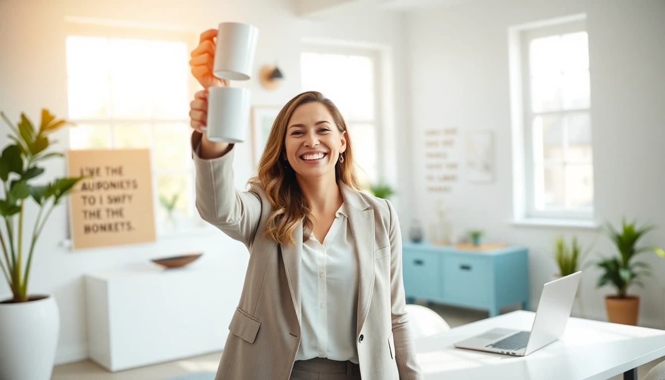Empowered business coach for women celebrating success in an inspiring office.