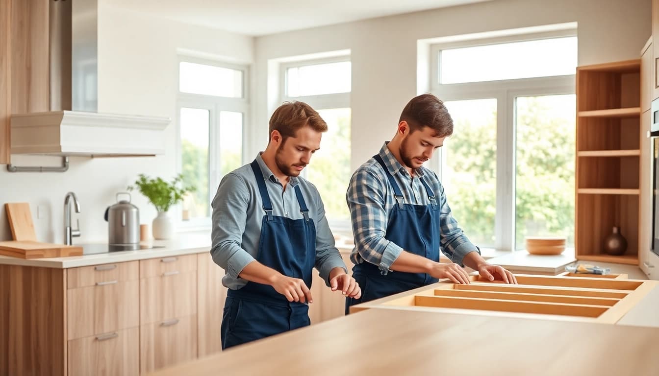 Kitchen fitters expertly assembling cabinets in a bright, modern kitchen environment.