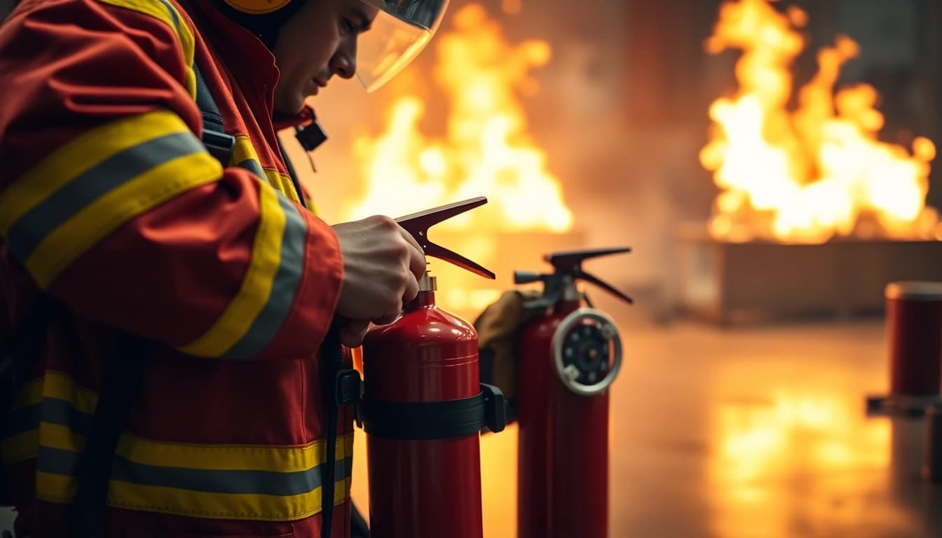 Firefighter demonstrating how to use a pass fire extinguisher using the P.A.S.S. method.