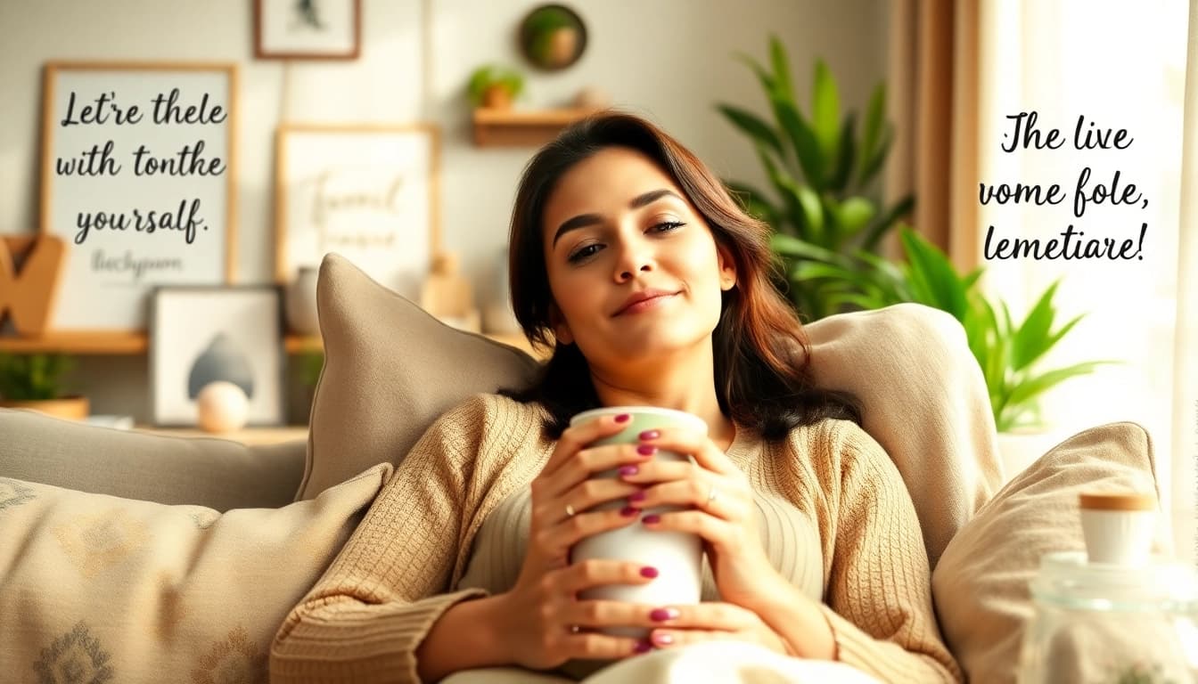 Relaxing mom enjoying a cozy moment at home with https://giveaways4mom.com featured decor.