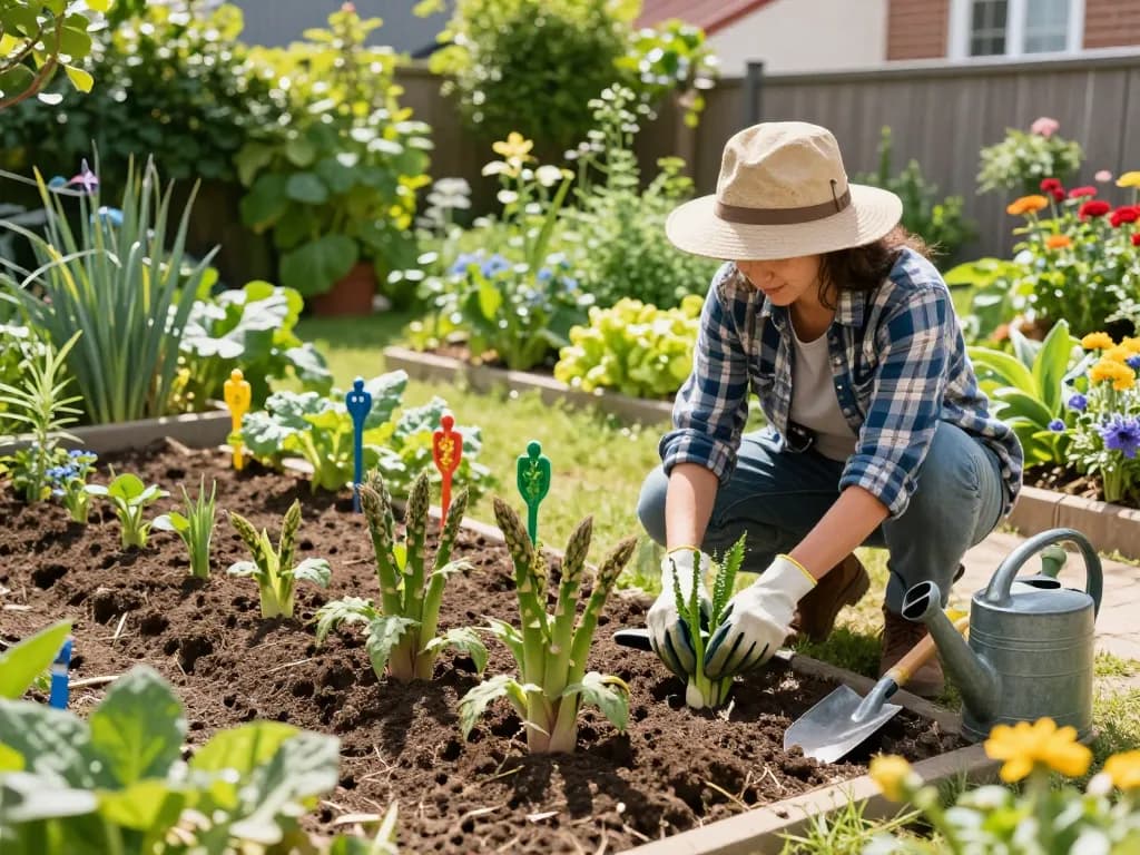 Gardener cultivating asparagus in a sunny garden, showcasing the asperges moestuin theme with vibrant plants and tools.