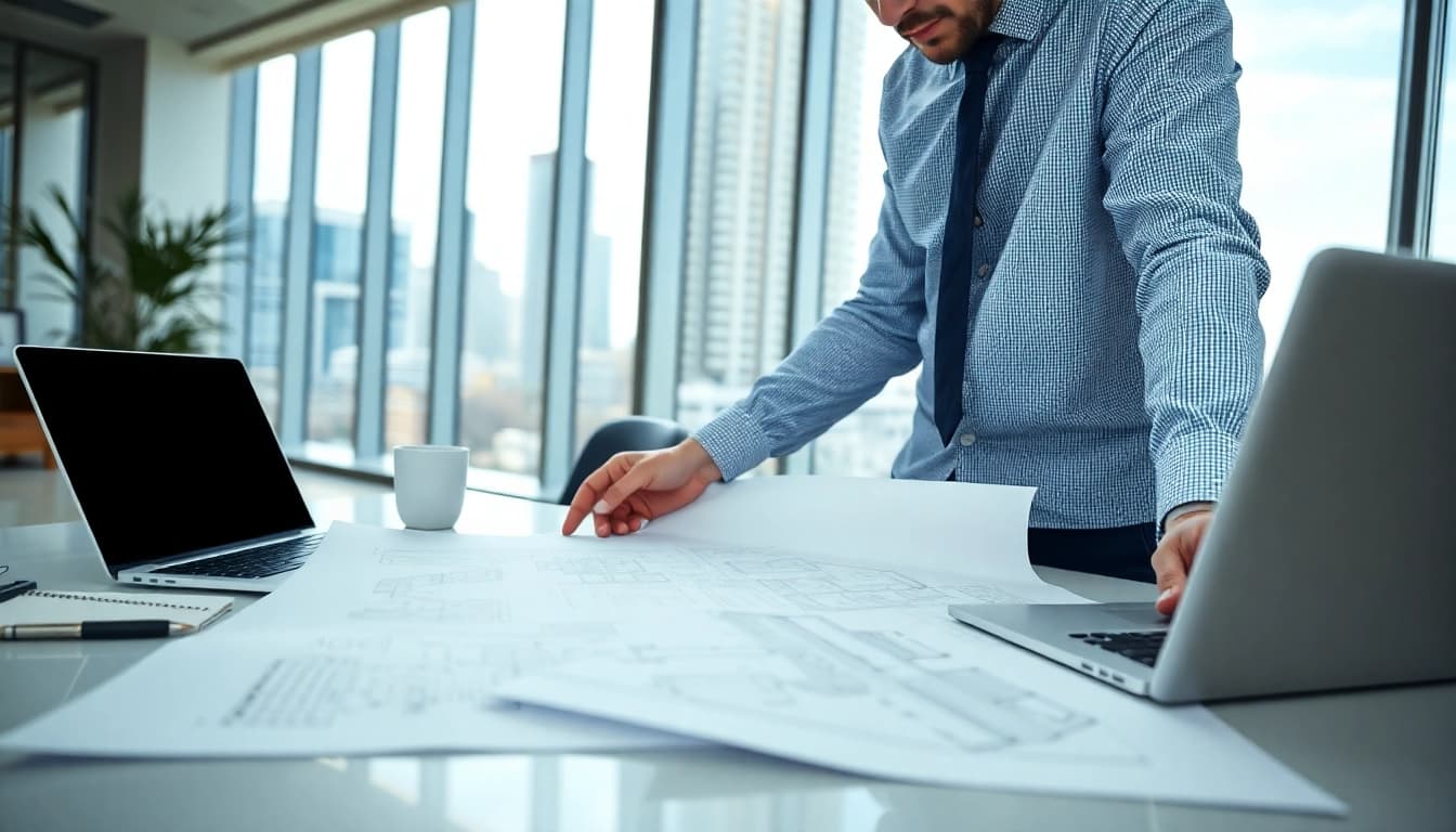 Residential building developer reviewing architectural plans in a bright office.