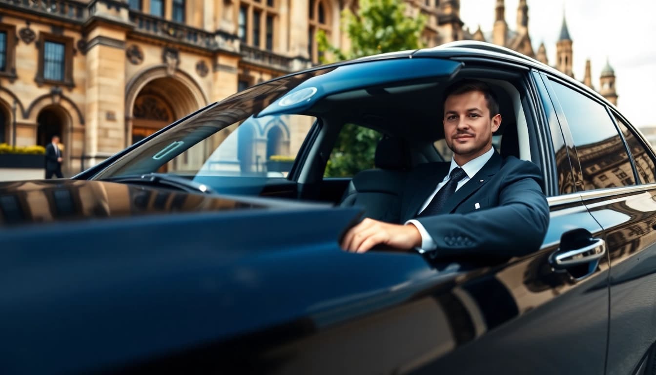 Experience Chauffeur Services Nottingham with a luxury car parked amidst Nottingham's urban landscape.