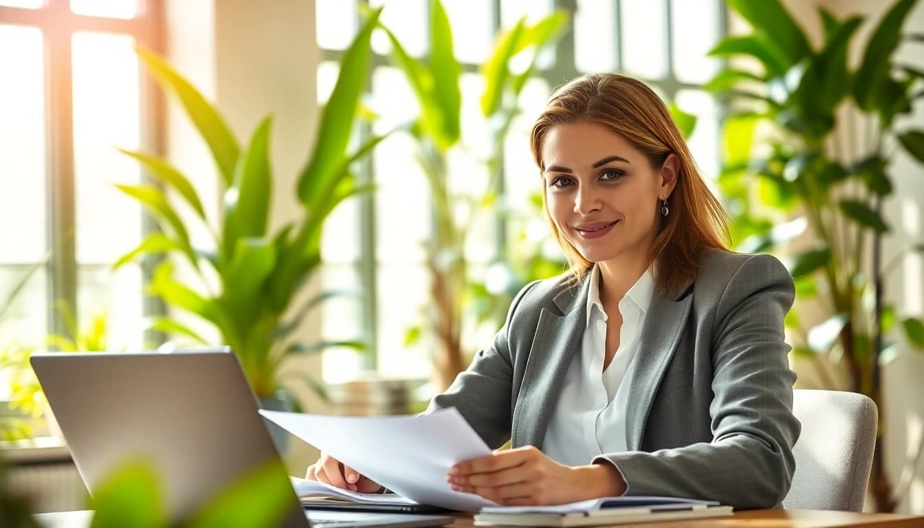 Environmental lawyer analyzing documents in a bright office with greenery.
