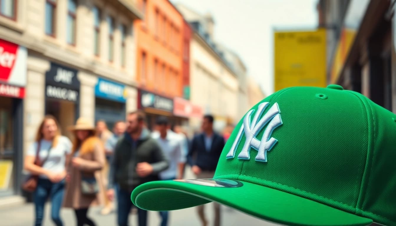 Muestra la gorra new era verde en un entorno urbano moderno, destacando su color vibrante.
